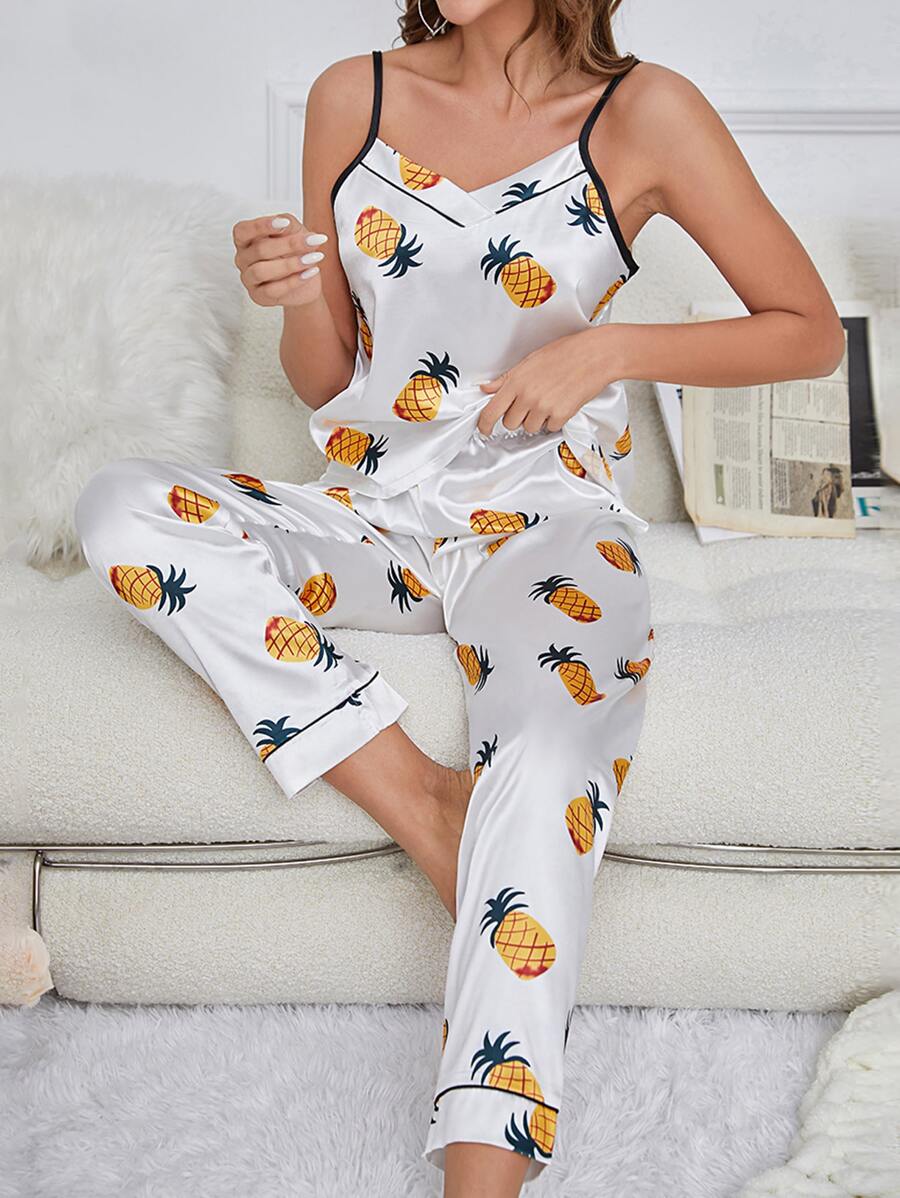 Pineapple Print Satin Cami Top & Trousers PJ Set - White - View 1