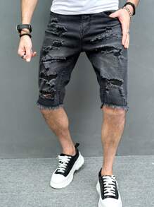 Manfinity LEGND Nam Quần short Denim Bông Rách Trang trí thô bị sờn - Màu xám đen - Xem 1