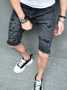 Manfinity LEGND Nam Quần short Denim Bông Rách Trang trí thô bị sờn - Màu xám đen - Xem 3