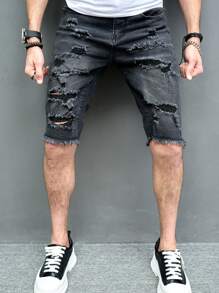Manfinity LEGND Nam Quần short Denim Bông Rách Trang trí thô bị sờn - Màu xám đen - Xem 4