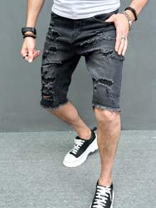 Manfinity LEGND Nam Quần short Denim Bông Rách Trang trí thô bị sờn - Màu xám đen - Xem 5