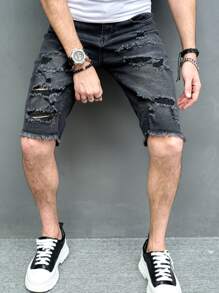 Manfinity LEGND Nam Quần short Denim Bông Rách Trang trí thô bị sờn - Màu xám đen - Xem 6