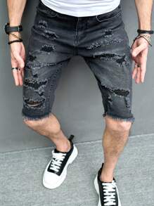 Manfinity LEGND Nam Quần short Denim Bông Rách Trang trí thô bị sờn - Màu xám đen - Xem 7