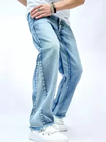 Chillumni 男士棉斜口袋直筒牛仔褲 - 淺色水洗藍 - 查看 1