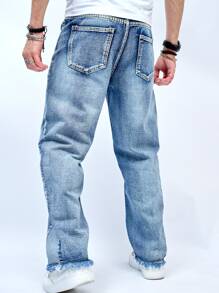 Chillumni 男士棉斜口袋直筒牛仔褲 - 淺色水洗藍 - 查看 2