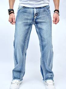 Chillumni 男士棉斜口袋直筒牛仔褲 - 淺色水洗藍 - 查看 3