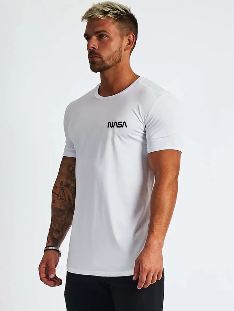 Manfinity Sport Corelite Camiseta básica de hombre con estampado gráfico de letras, tipo novio, para hacer ejercicio