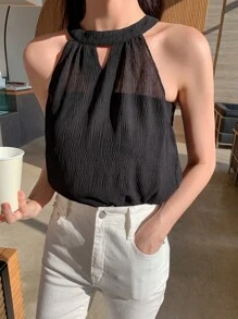 DAZY Solid Cut Out Keyhole Neckline Blouse - Black - View 3