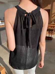 DAZY Solid Cut Out Keyhole Neckline Blouse - Black - View 2