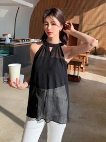 DAZY Solid Cut Out Keyhole Neckline Blouse - Black - View 6