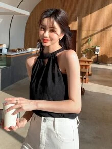 DAZY Solid Cut Out Keyhole Neckline Blouse - Black - View 1