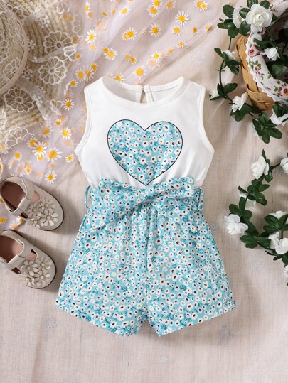 Baby Ditsy Floral & Heart Print Romper