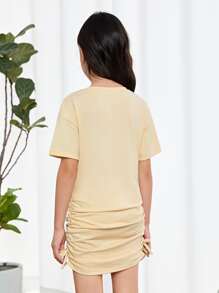 SHEIN 女孩字母和心形圖案側抽繩連衣裙 - 米色 - 查看 2