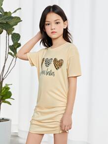 SHEIN 女孩字母和心形圖案側抽繩連衣裙 - 米色 - 查看 3