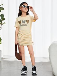 SHEIN 女孩字母和心形圖案側抽繩連衣裙 - 米色 - 查看 4