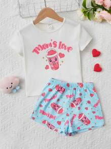SHEIN Tween Girl Letter & Cartoon Graphic PJ Set - Multicolor - View 1