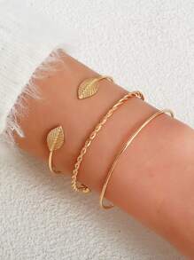 3pcs Leaf Decor Cuff Bangle - Yellow Gold - View 1