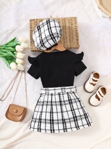 Bebé Camiseta ribete con fruncido & Falda con estampado de cuadros - Blanco y Negro - Ver 2