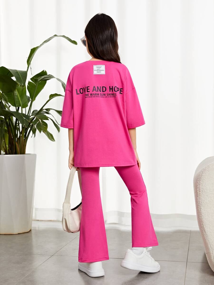 SHEIN Girls Letter Graphic Patched Detail Drop Shoulder Tee & Flare Leg Trousers