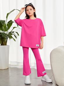 SHEIN Girls Letter Graphic Patched Detail Drop Shoulder Tee & Flare Leg Trousers