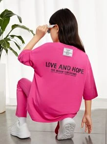 SHEIN Girls Letter Graphic Patched Detail Drop Shoulder Tee & Flare Leg Trousers