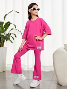 SHEIN Girls Letter Graphic Patched Detail Drop Shoulder Tee & Flare Leg Trousers
