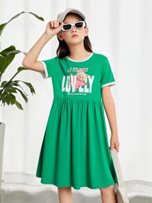 SHEIN Chicas Vestido ringer con estampado de letra y dibujos animados - Verde - Ver 1