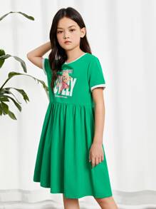 SHEIN Chicas Vestido ringer con estampado de letra y dibujos animados - Verde - Ver 3