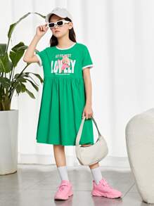 SHEIN Chicas Vestido ringer con estampado de letra y dibujos animados - Verde - Ver 4