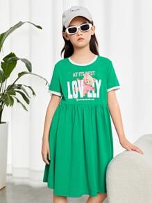 SHEIN Chicas Vestido ringer con estampado de letra y dibujos animados - Verde - Ver 5