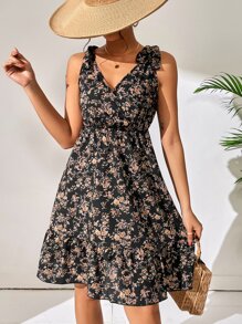 SHEIN Privé 滿版印花肩上打結連衣裙