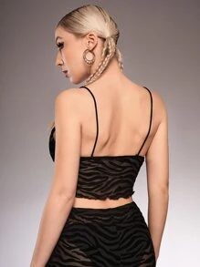 SHEIN ICON Áo hai dây Xù nhỏ cắt Bất đối xứng Sọc ngựa vằn Gợi cảm - màu đen - Xem 2