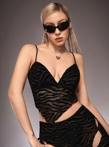 SHEIN ICON Áo hai dây Xù nhỏ cắt Bất đối xứng Sọc ngựa vằn Gợi cảm - màu đen - Xem 5