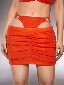 SHEIN ICON O形環細節腰部鏤空金屬亮絲半身裙 - 珊瑚橙 - 查看 1