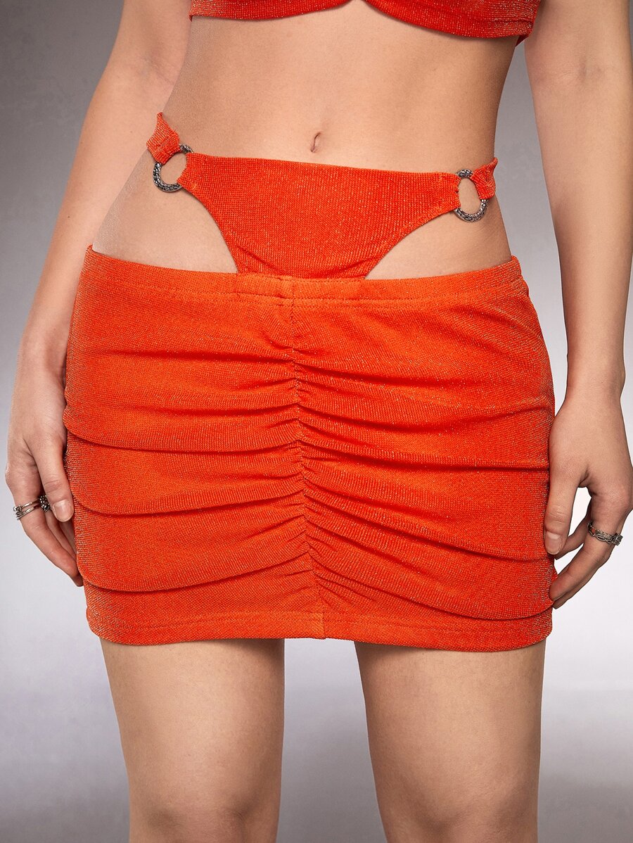 SHEIN ICON O形環細節腰部鏤空金屬亮絲半身裙 - 珊瑚橙 - 查看 1