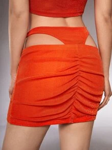 SHEIN ICON O形環細節腰部鏤空金屬亮絲半身裙 - 珊瑚橙 - 查看 2