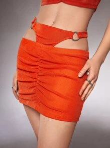 SHEIN ICON O形環細節腰部鏤空金屬亮絲半身裙 - 珊瑚橙 - 查看 4