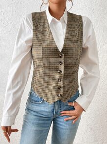 SHEIN Essnce Plaid Single Breasted Vest Blazer - Khaki - View 5