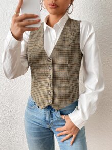 SHEIN Essnce Plaid Single Breasted Vest Blazer - Khaki - View 6