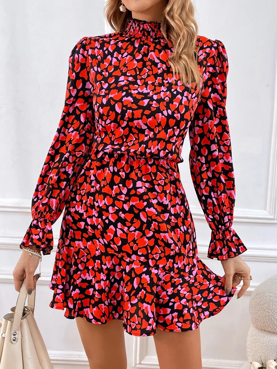 SHEIN Clasi Allover Print Flounce Sleeve Ruffle Hem Dress - Multicolor - View 1