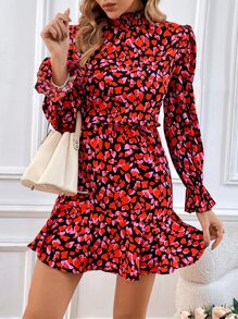 SHEIN Clasi Allover Print Flounce Sleeve Ruffle Hem Dress - Multicolor - View 6