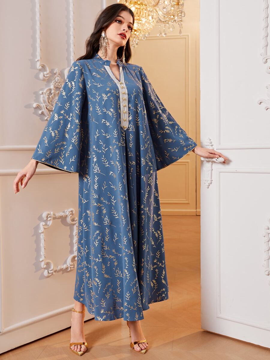 Al Najma Gold Plant Print Contrast Tape Dress Kaftan Jalabiya Dress - Multicolor - View 1