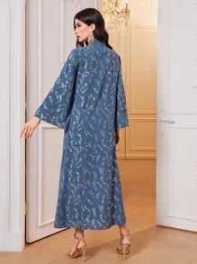 Al Najma Gold Plant Print Contrast Tape Dress Kaftan Jalabiya Dress - Multicolor - View 2