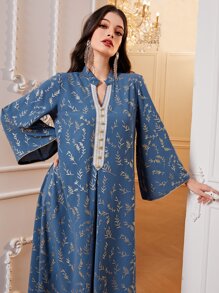 Al Najma Gold Plant Print Contrast Tape Dress Kaftan Jalabiya Dress - Multicolor - View 4