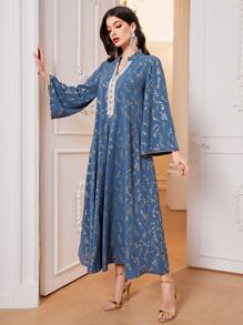 Al Najma Gold Plant Print Contrast Tape Dress Kaftan Jalabiya Dress - Multicolor - View 5