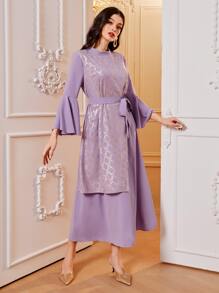 Al Najma Váy Ả Rập Thắt lưng Nút Hình học Thanh lịch - Màu Lilac Tím - Xem 4