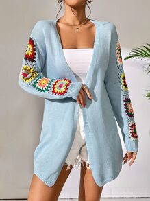 SHEIN WYWH Floral Pattern Drop Shoulder Duster Cardigan - Blue - View 4