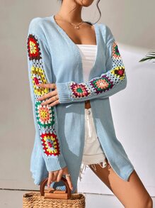 SHEIN WYWH Floral Pattern Drop Shoulder Duster Cardigan - Blue - View 5
