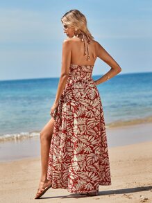 SHEIN VCAY Allover Plants Print Wrap Hem Belted Cami Dress - Red - View 2