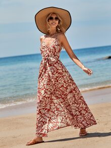 SHEIN VCAY Allover Plants Print Wrap Hem Belted Cami Dress - Red - View 4